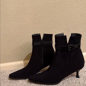 Stuart Weitzman Black Suede Ankle Booties with Kitten Heel and Buckle